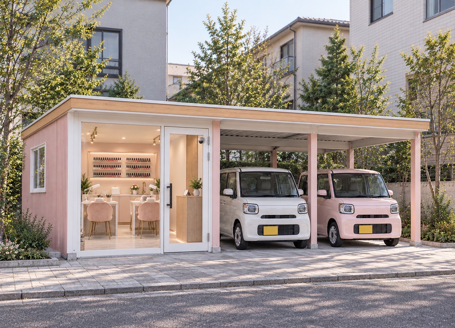 サロン・小さなお店のデザインイメージ。淡い色の外観と白を基調とした内装。棚の間接照明や小さな施術席で、コンパクトでも心がほどけるサロンを表現しています。