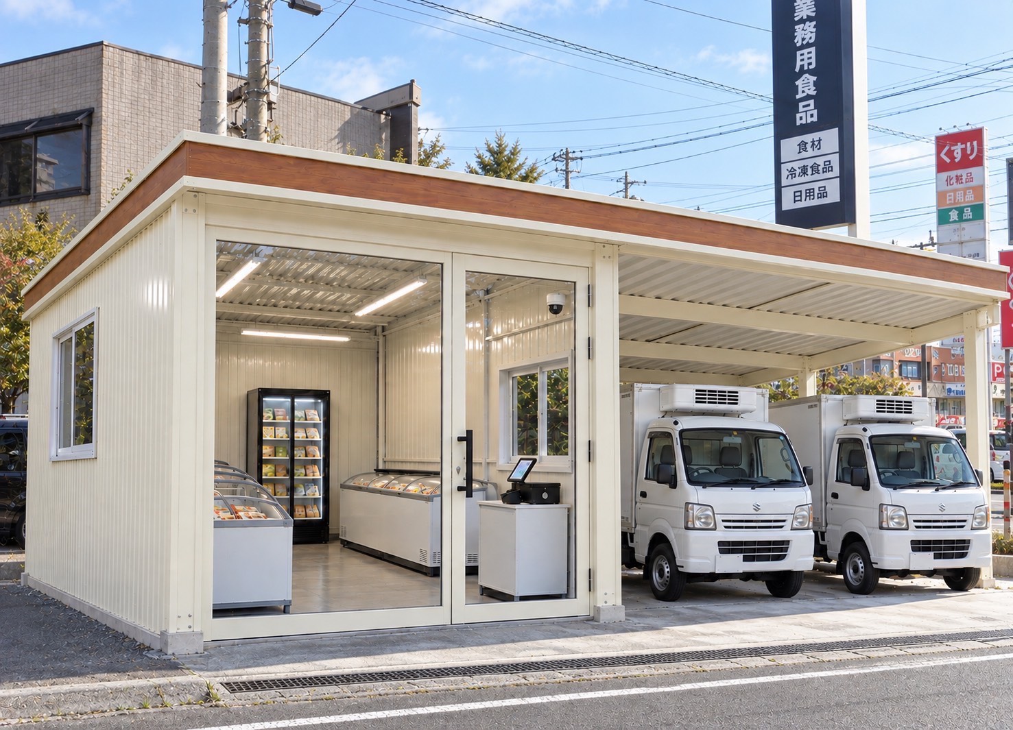 販売所・ショップのデザインイメージ。白い内装に、商品ケースとコンパクトな受付。ガラス越しに店内が見えることで、小さな建物にも「お店らしさ」をつくるアイデアです。