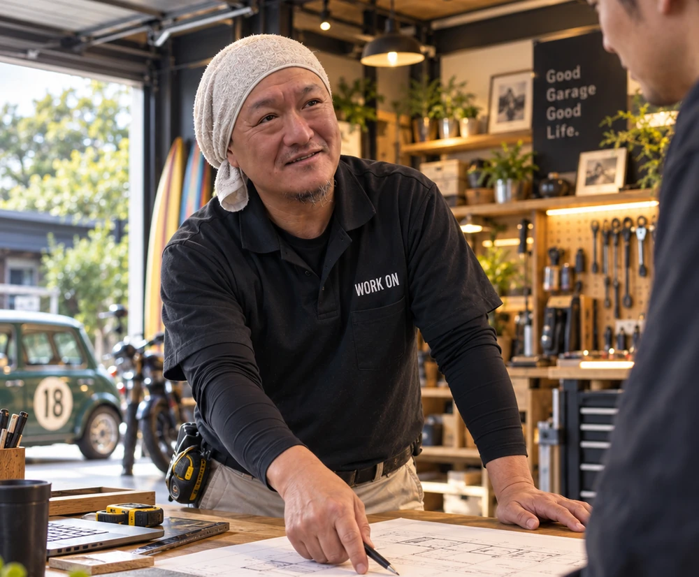 机に広げた図面を見ながら内装を相談する松田の紹介イメージ